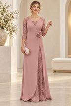 Dusty rose Mother of the Bride Dress with V-neck, three-quarter lace sleeves, waist flower detail and floor-length skirt