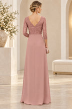 Back view of dusty rose Mother of the Bride Dress with V-back, floral lace bodice and long A-line skirt