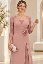 Refined A-Line V-Neck Lace Sleeves V-Back Floor-Length Mother of the Bride Dress