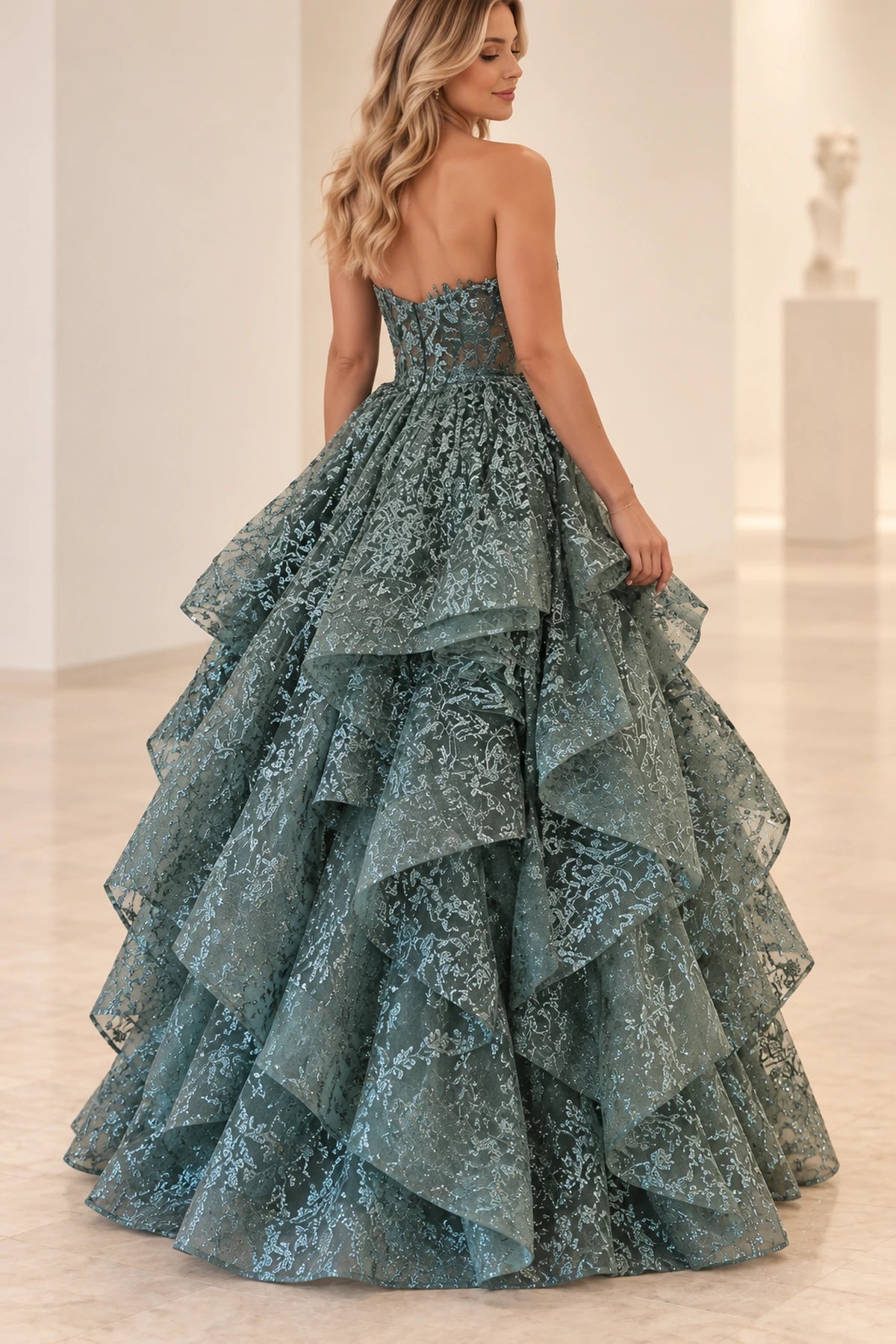 Glamorous Mesh Ball Gown V-Neck Sleeveless Illusion-Back Floor-Length Prom Dress