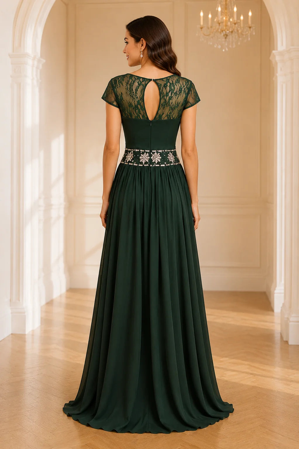 Dark green chiffon formal Dress with lace keyhole back and embellished waist detail