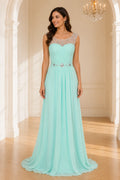 Mint green chiffon sweetheart neck long A line bridesmaid Dress front view