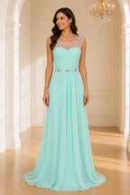 Mint green chiffon sweetheart neck long A line bridesmaid Dress front view