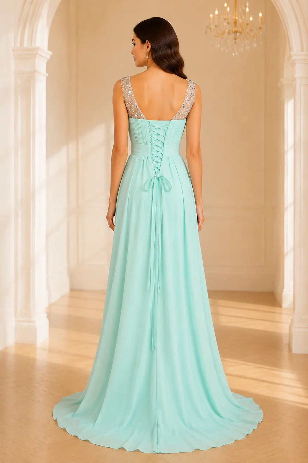 Mint green chiffon bridesmaid Dress with lace up back and rhinestone detail