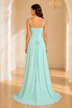 Mint green chiffon bridesmaid Dress with lace up back and rhinestone detail
