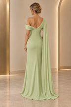 Graceprom floor-length wedding guest gown with draped back neckline, fitted waist, and elegant flowing shoulder cape, back view