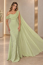 Graceprom elegant wedding guest dress with asymmetric draped neckline, fitted sheath silhouette, sparkling embellishments, and flowing cape, front view