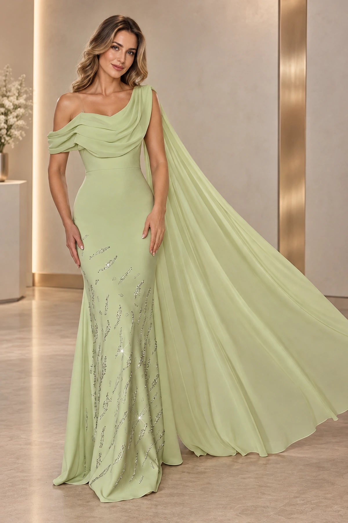 Graceprom elegant wedding guest dress with asymmetric draped neckline, fitted sheath silhouette, sparkling embellishments, and flowing cape, front view