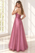 Dusty rose chiffon A-line prom dress back and side view featuring crisscross halter straps, low open back, fitted waist and flowing floor-length skirt