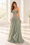Elegant sage green chiffon prom dress with sweetheart neckline, draped off-the-shoulder sleeves, sheer beaded corset and flowing A-line skirt