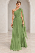 Elegant sage green chiffon one-shoulder prom dress with a pleated bodice, crossover waist, flowing shoulder cape and floor-length A-line skirt, front view
