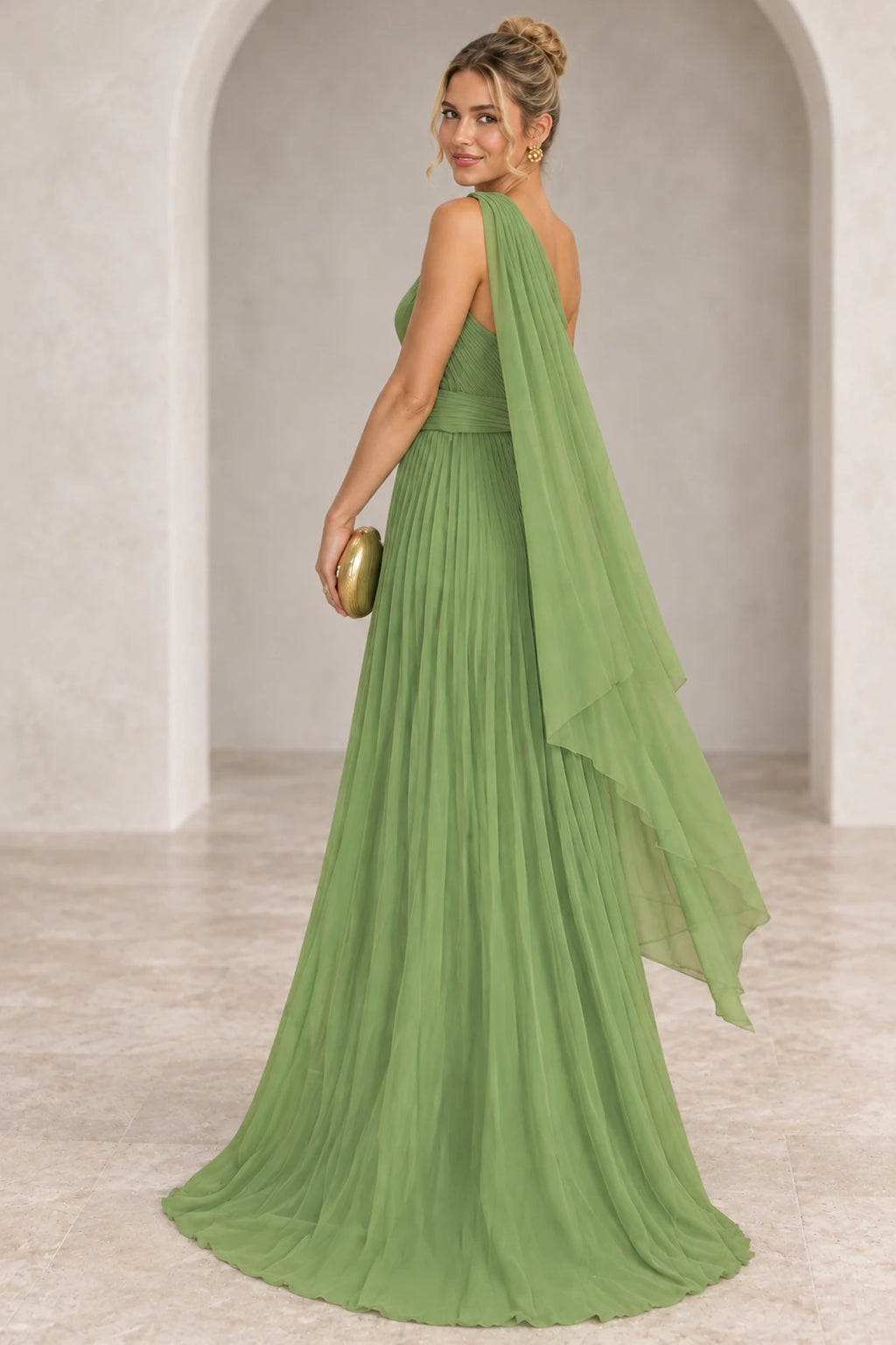 Elegant Chiffon A Line One Shoulder Cape Back Floor Length Prom Dress