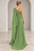 Sage green chiffon A-line prom dress back view featuring a one-shoulder neckline, cascading chiffon cape, pleated bodice, crossover waist and floor-length skirt