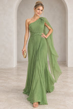 Elegant Chiffon A Line One Shoulder Cape Back Floor Length Prom Dress