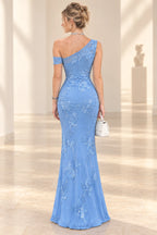 Periwinkle blue chiffon wedding guest dress back view with asymmetrical neckline, floral embroidery, center zipper and fitted mermaid silhouette