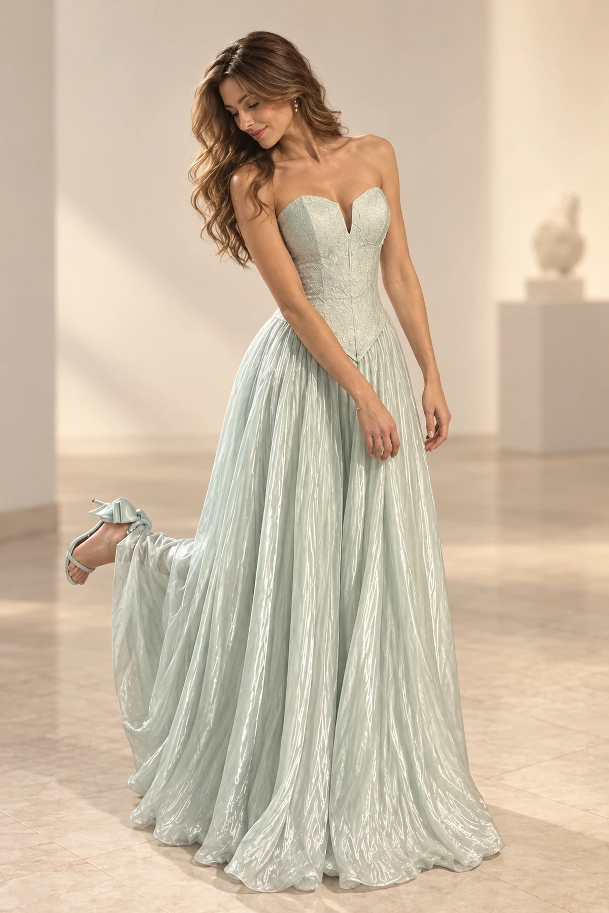 Elegant Chiffon A Line Sweetheart Strapless Low Back Long Prom Dress