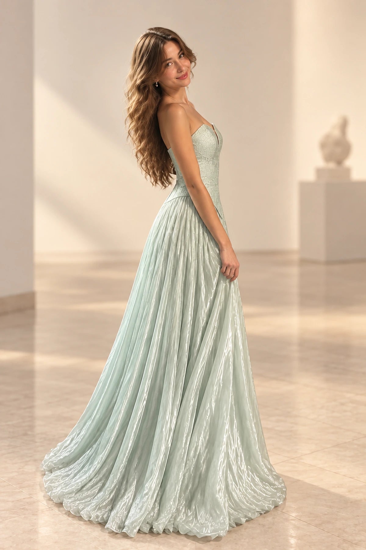 Elegant Chiffon A Line Sweetheart Strapless Low Back Long Prom Dress