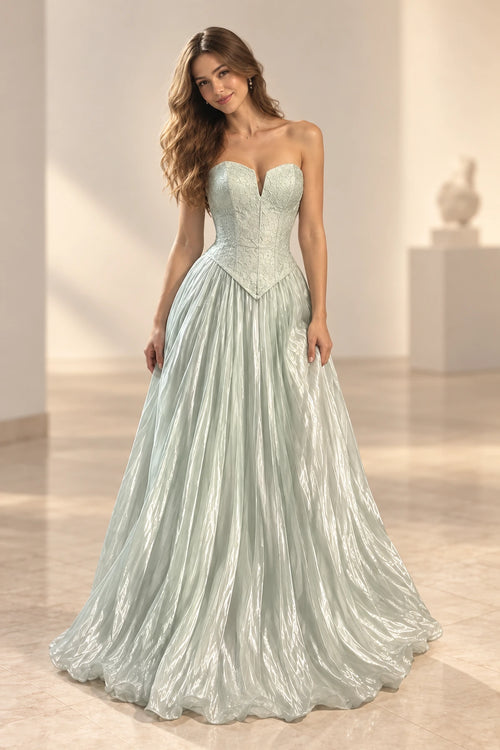 Ice blue chiffon A-line prom dress with sweetheart V-notch neckline, strapless fitted bodice, pointed waist and flowing floor-length skirt