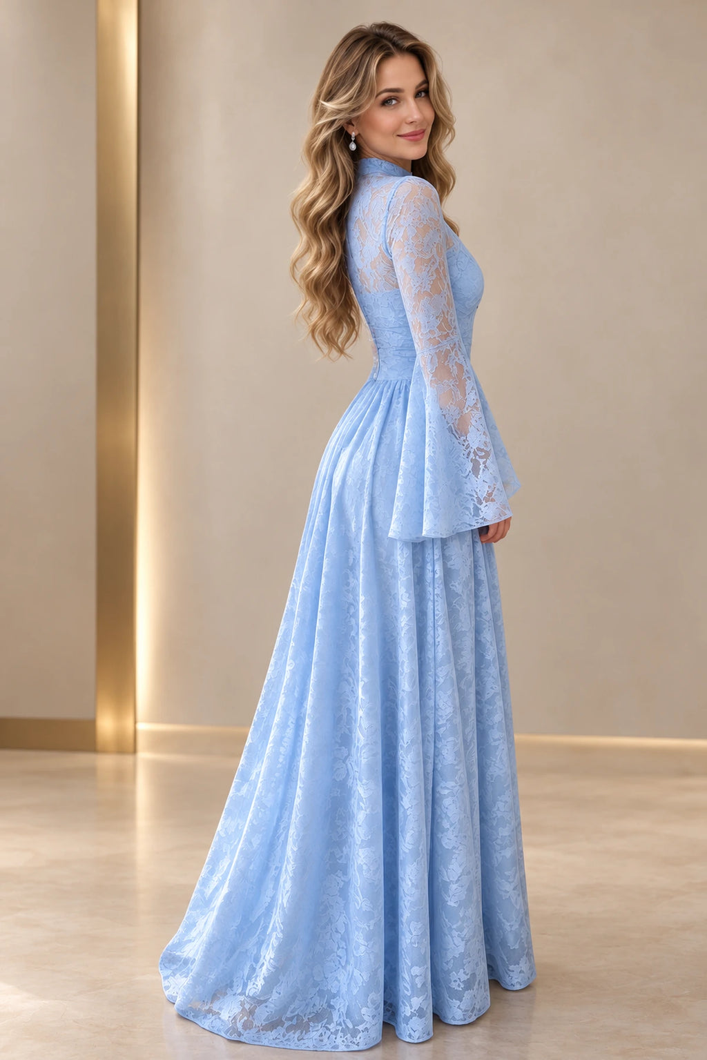 Elegant Floral Lace A Line High Neck Bell Sleeve Zipper Back Long Wedding Guest Dress