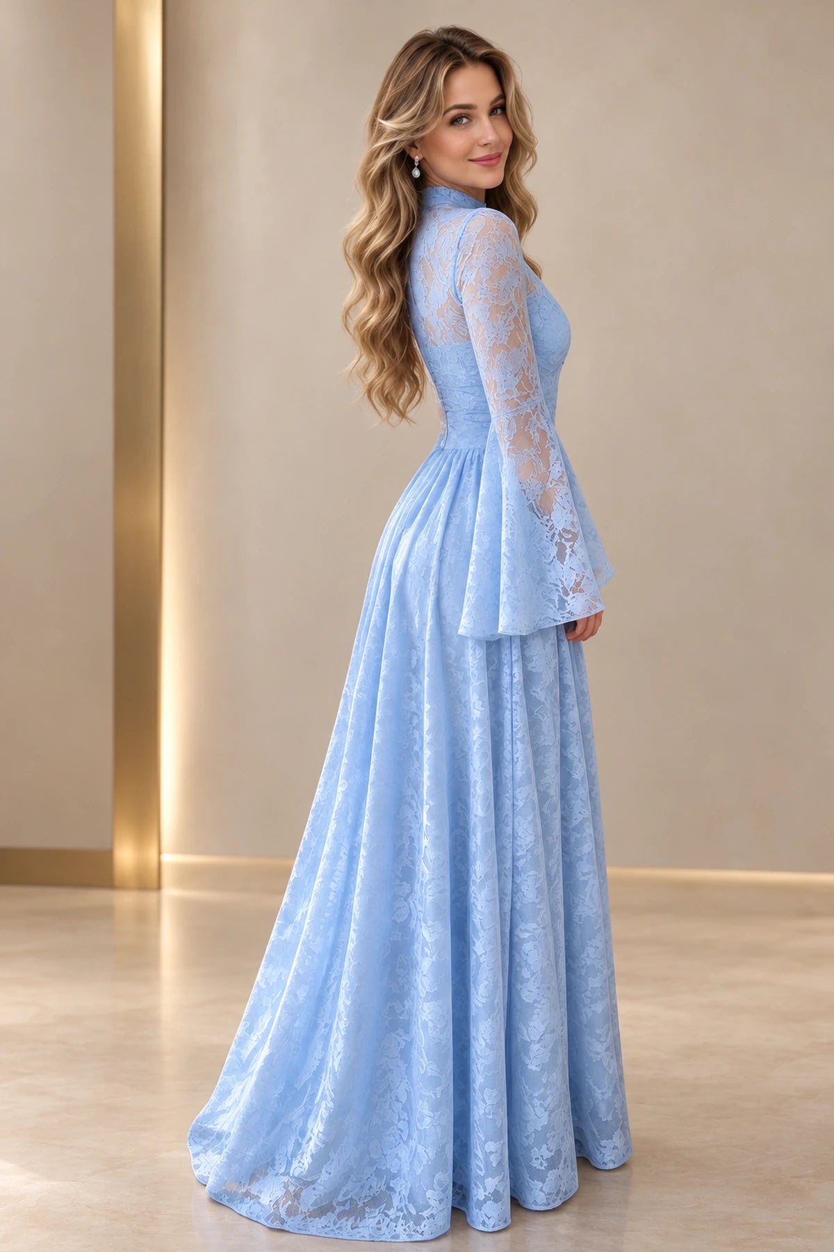 Elegant Floral Lace A Line High Neck Bell Sleeve Zipper Back Long Wedding Guest Dress