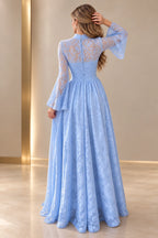 Light blue floral lace A-line wedding guest dress back view featuring a high neckline, sheer lace bell sleeves, center zipper and flowing floor-length skirt