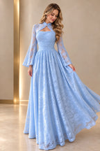 Elegant light blue floral lace wedding guest dress with high neck, front cutout, sheer bell sleeves, fitted ruched bodice and flowing A-line skirt