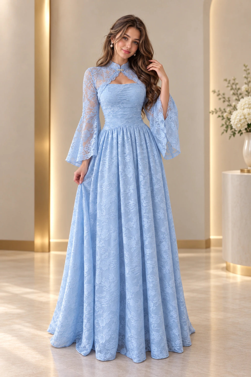 Elegant Floral Lace A Line High Neck Bell Sleeve Zipper Back Long Wedding Guest Dress