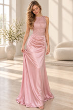 Dusty rose satin mermaid wedding guest dress back view featuring a round neckline, sleeveless floral beaded bodice, center zipper and floor-length skirt with train