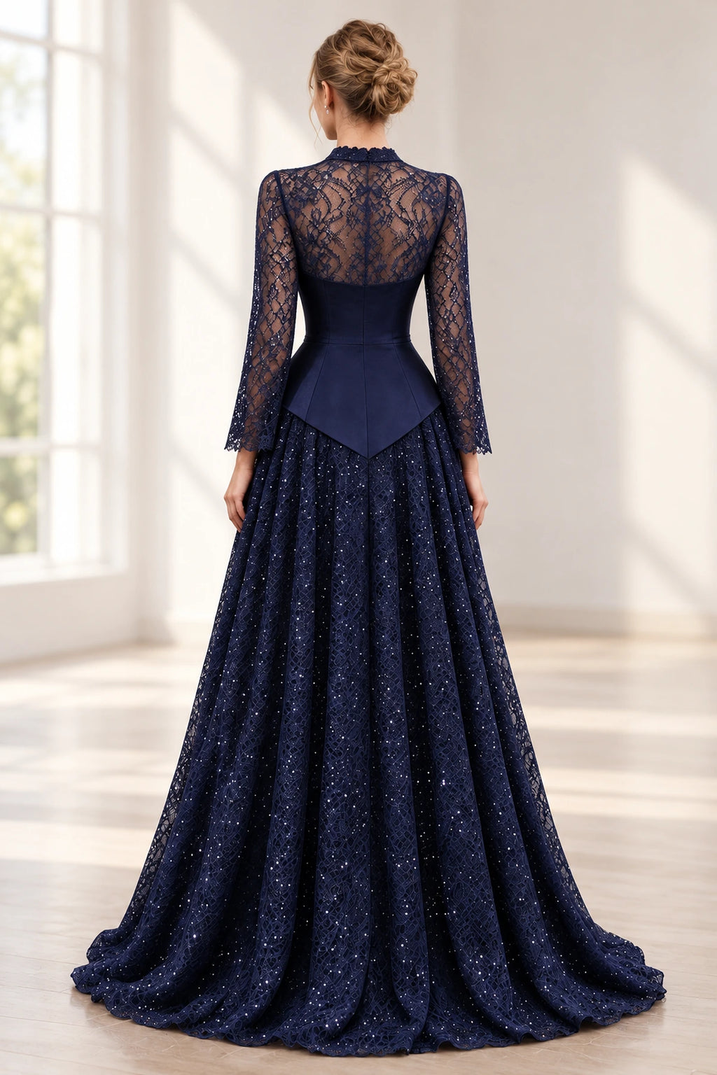Navy blue floral lace wedding guest dress back view with sheer lace upper back, three-quarter bell sleeves, fitted satin waist and floor-length A-line skirt