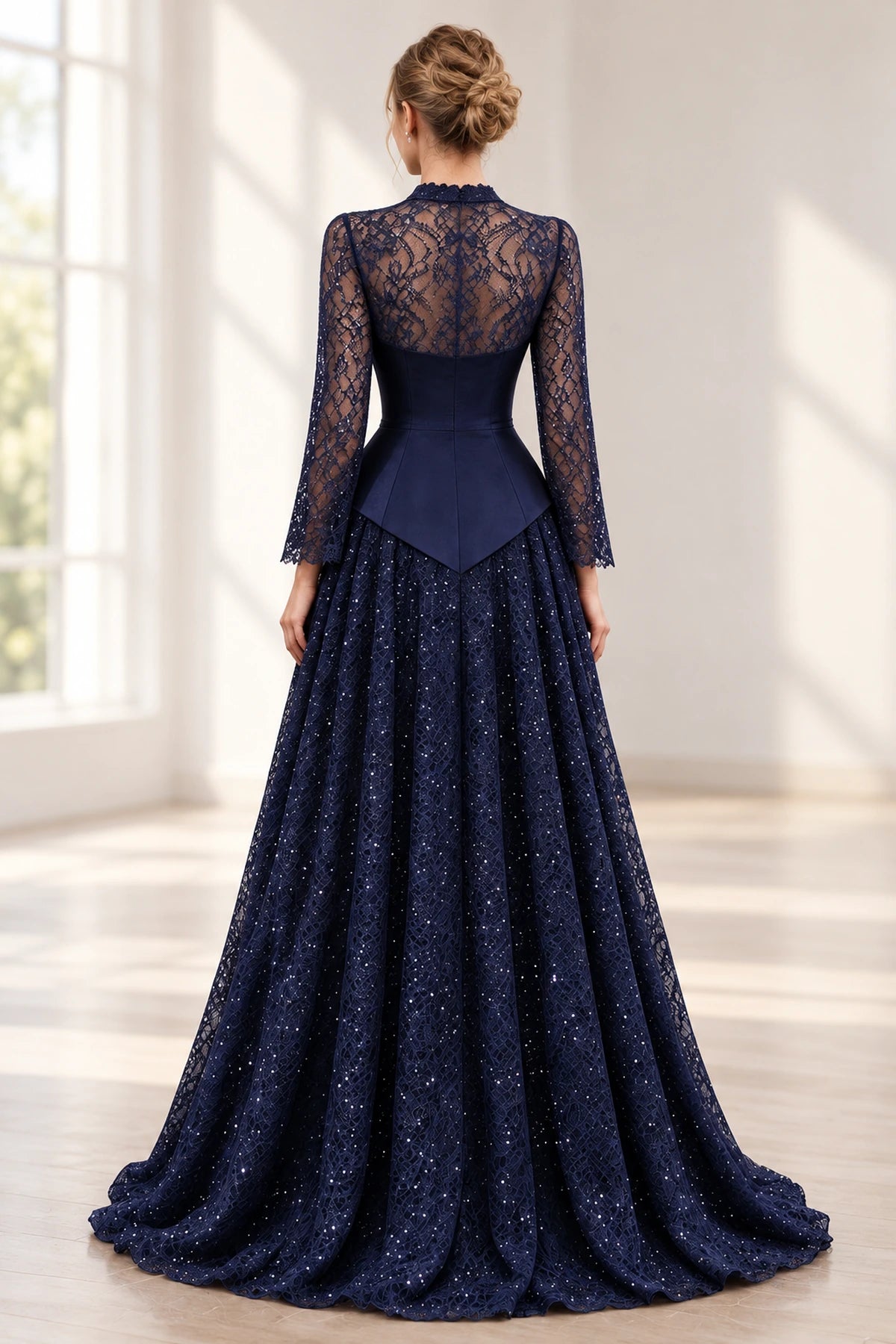 Navy blue floral lace wedding guest dress back view with sheer lace upper back, three-quarter bell sleeves, fitted satin waist and floor-length A-line skirt