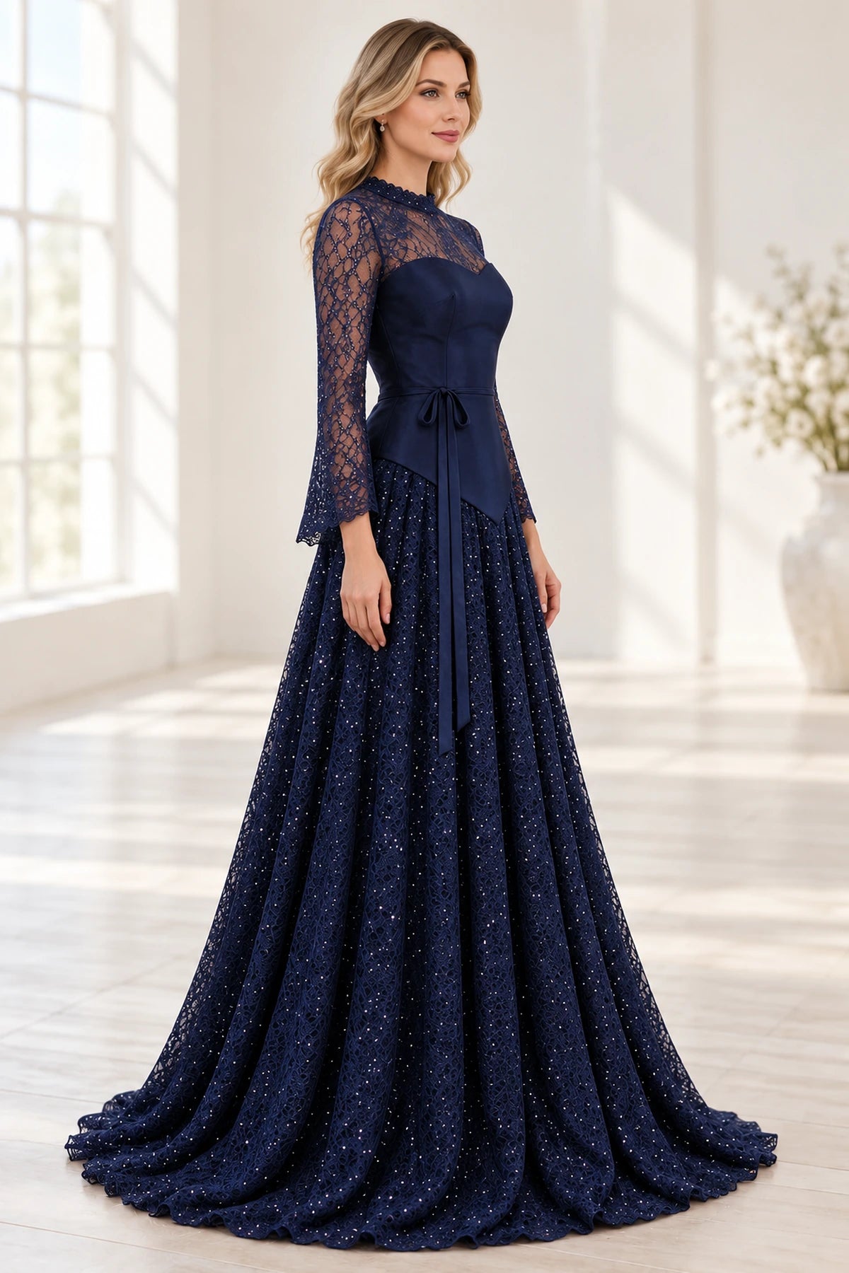 Elegant Lace Satin A Line High Neck Bell Sleeve Sheer Back Long Wedding Guest Dress