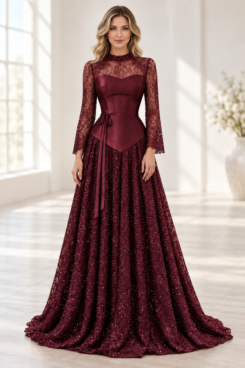 Elegant Lace Satin A Line High Neck Bell Sleeve Sheer Back Long Wedding Guest Dress
