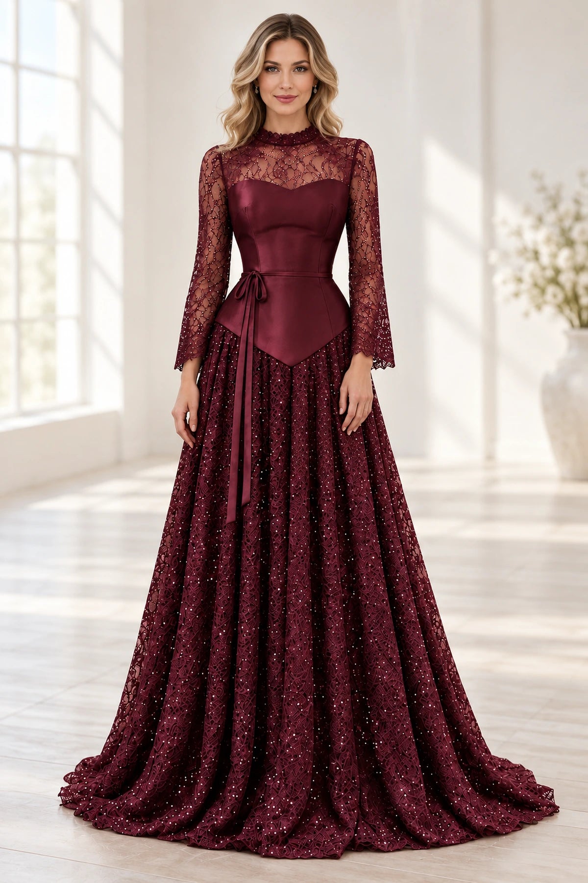 Elegant Lace Satin A Line High Neck Bell Sleeve Sheer Back Long Wedding Guest Dress