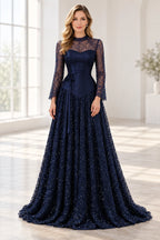 Navy blue lace satin A-line wedding guest dress front view featuring high neckline, sheer bell sleeves, fitted satin bodice, pointed waist and sparkling long skirt
