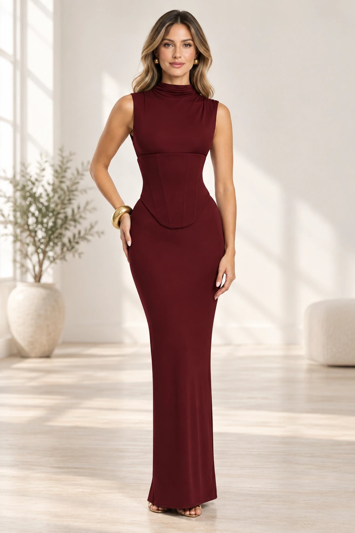 Elegant Mermaid Mock Neck Sleeveless Corset Back Floor Length Wedding Guest Dress