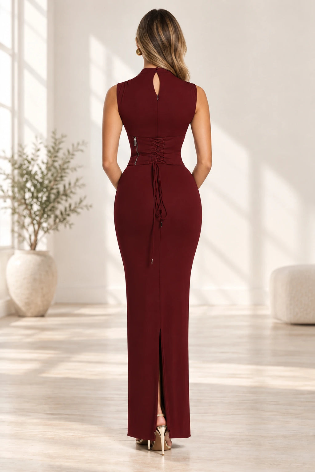 Corset lace up back detail of elegant formal wedding guest gown