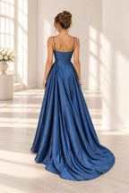 Graceprom satin A-line formal prom gown featuring thin spaghetti straps, fitted back bodice, center-back zipper, and flowing train, back view