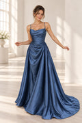 Graceprom elegant satin A-line prom dress with draped cowl neckline, spaghetti straps, ruched bodice, and floor-length train, front view