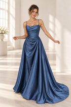 Graceprom elegant satin A-line prom dress with draped cowl neckline, spaghetti straps, ruched bodice, and floor-length train, front view