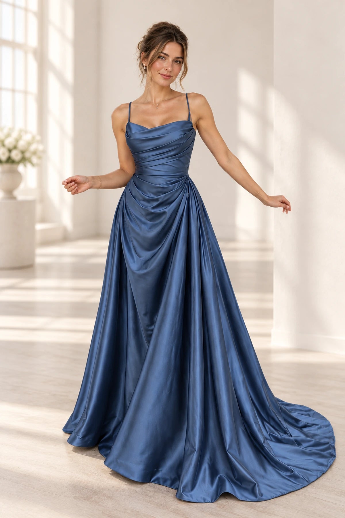 Graceprom elegant satin A-line prom dress with draped cowl neckline, spaghetti straps, ruched bodice, and floor-length train, front view