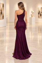 Graceprom elegant satin mermaid gown featuring an asymmetrical floral applique shoulder, structured fitted back bodice, and sweeping train back view