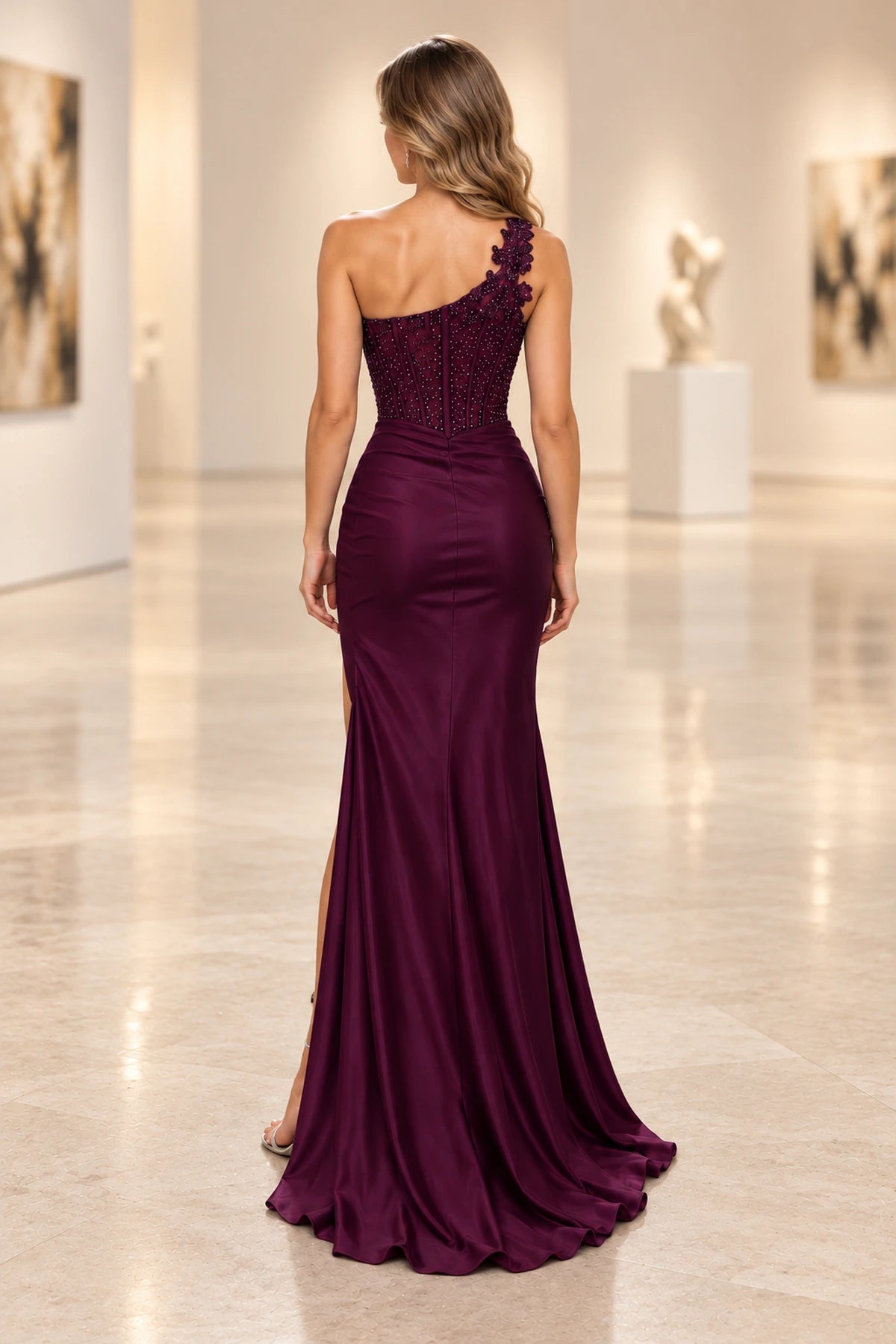 Graceprom elegant satin mermaid gown featuring an asymmetrical floral applique shoulder, structured fitted back bodice, and sweeping train back view