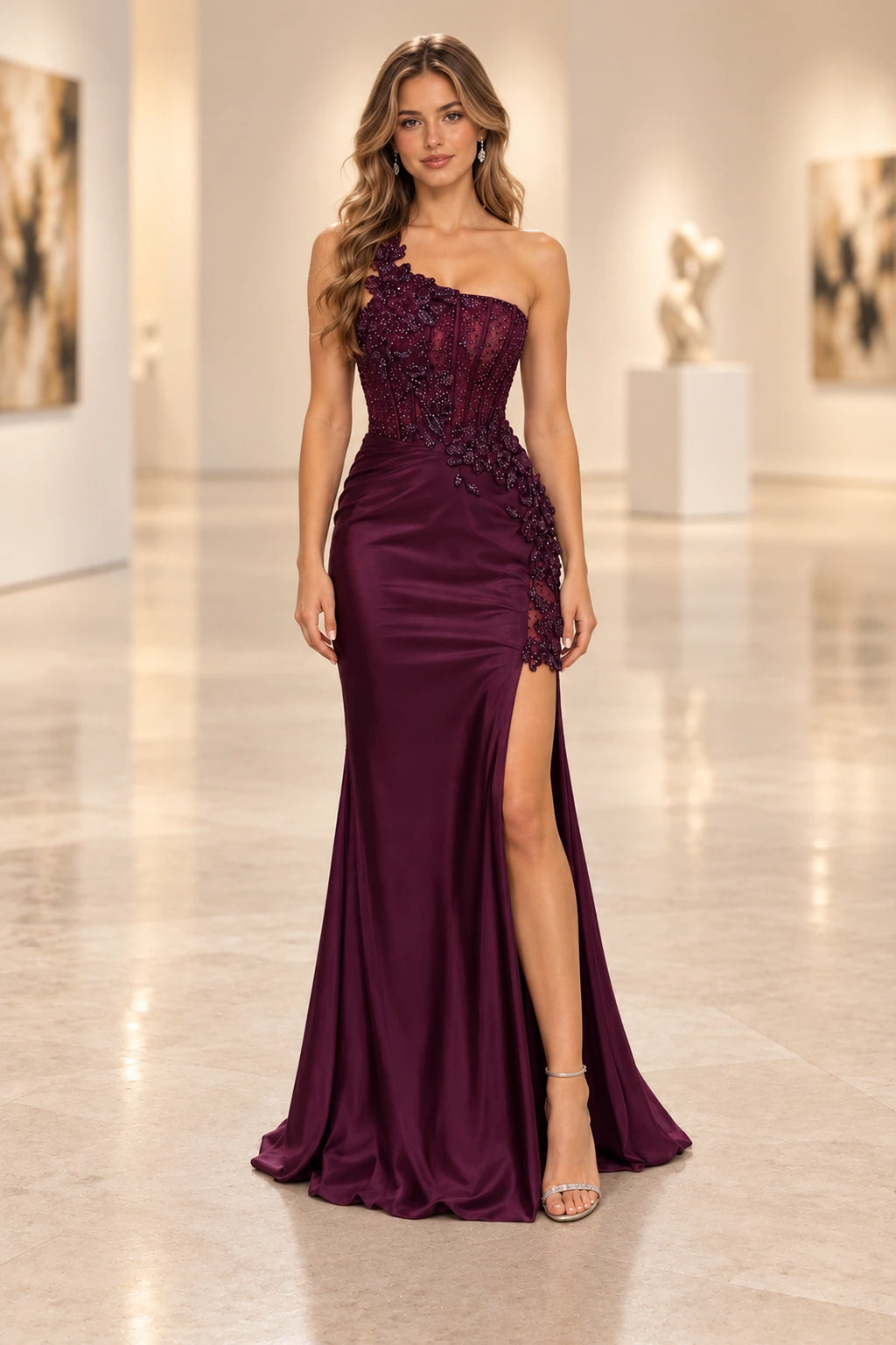 Graceprom satin mermaid prom dress with one shoulder neckline, floral appliques, fitted bodice, high slit, and floor-length train front view