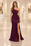 Graceprom satin mermaid prom dress with one shoulder neckline, floral appliques, fitted bodice, high slit, and floor-length train front view
