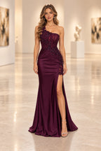 Graceprom satin mermaid prom dress with one shoulder neckline, floral appliques, fitted bodice, high slit, and floor-length train front view