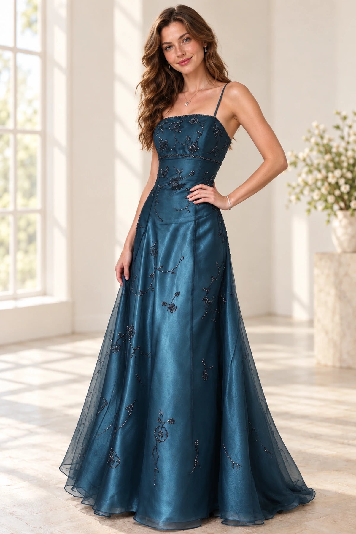 Elegant Satin Tulle A Line Square Neck Sleeveless Low Back Long Prom Dress