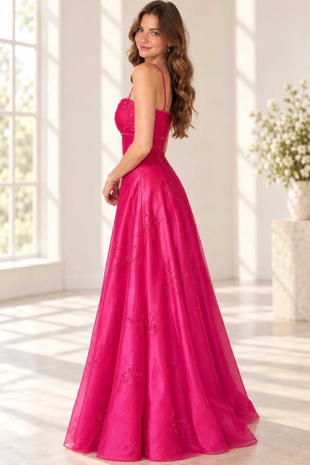 Elegant Satin Tulle A Line Square Neck Sleeveless Low Back Long Prom Dress