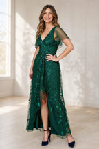Elegant A-Line V-Neck Flutter-Sleeve V-Back Midi Wedding Guest Dress