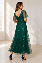 Elegant A-Line V-Neck Flutter-Sleeve V-Back Midi Wedding Guest Dress