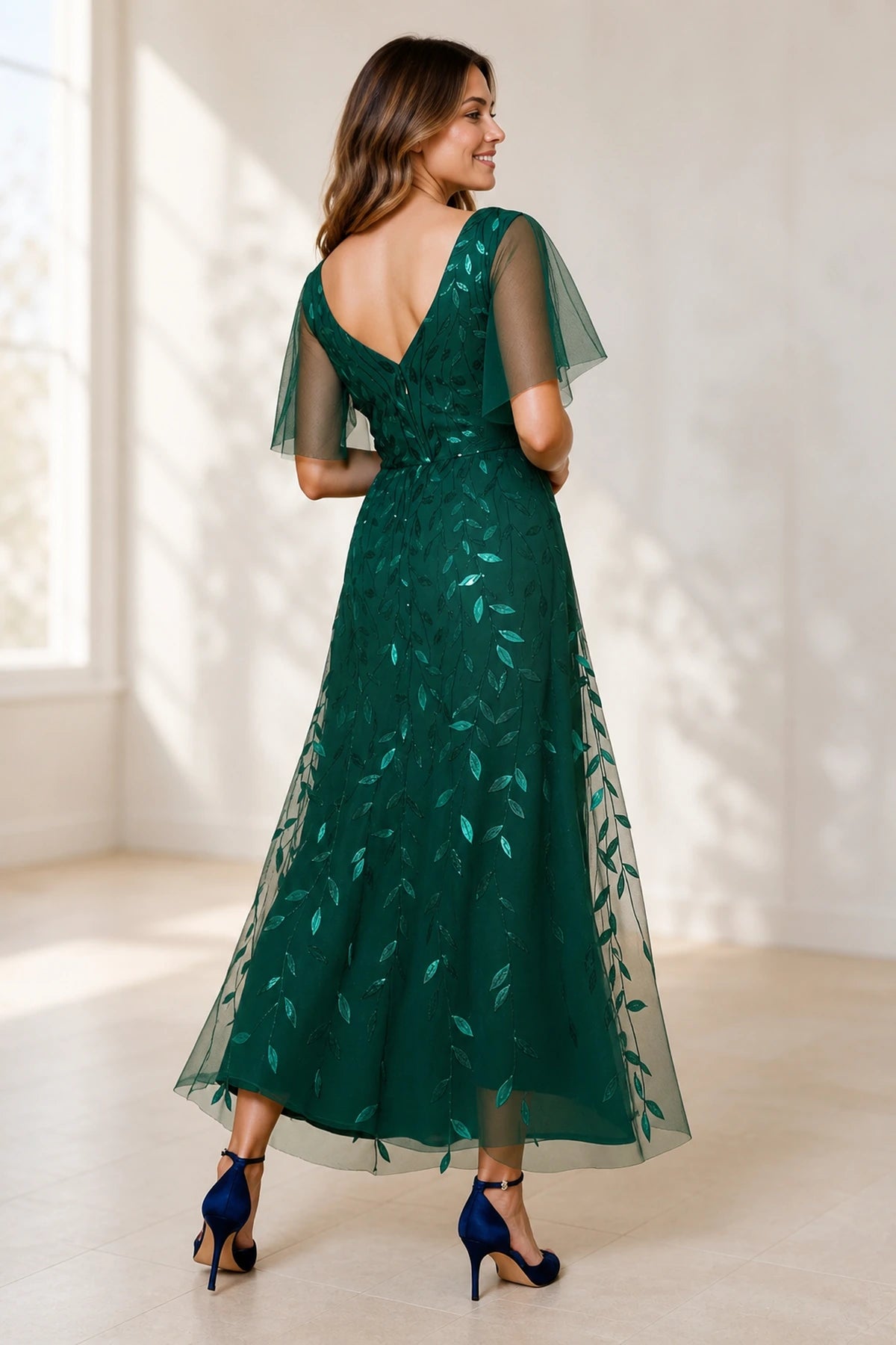 Elegant A-Line V-Neck Flutter-Sleeve V-Back Midi Wedding Guest Dress